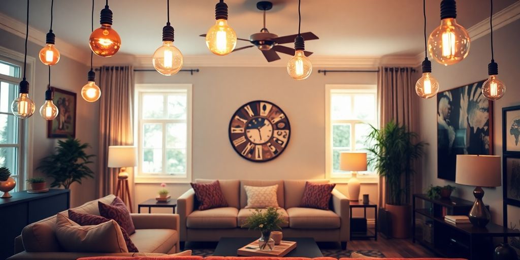Bright bulbs illuminating a stylish home living area.