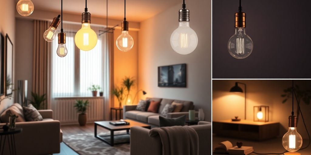 Adjustable light bulbs in a stylish living room setting.