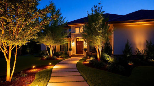 Illuminated house exterior at dusk with garden lighting.