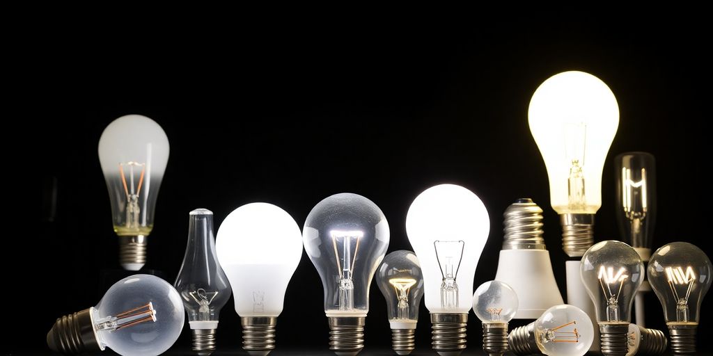 Array of energy-efficient LED light bulbs on dark background.