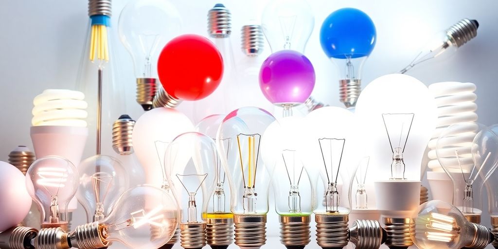 Various energy-efficient light bulbs in vibrant colours and shapes.