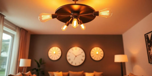 Modern living room illuminated by smart Edison bulbs.