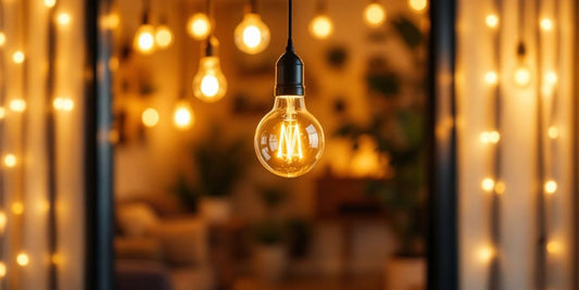 Various light bulbs illuminating a cozy home interior.