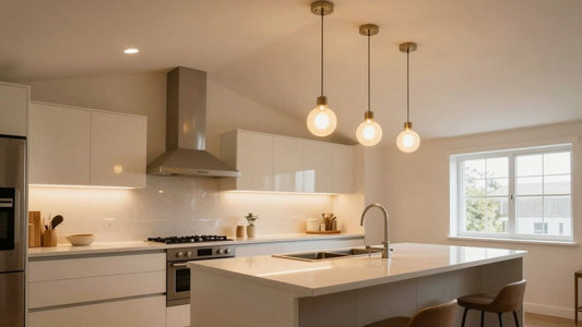 Modern kitchen with stylish pendant ceiling lights.