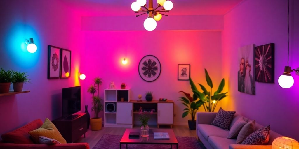 Colourful smart lightbulbs illuminate a stylish room.