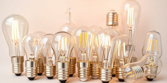 Different E14 light bulbs on a neutral background.