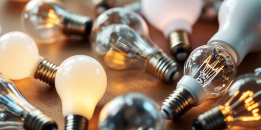 Different E12 light bulbs on a wooden table.