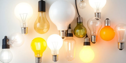 Colourful array of light bulbs on a neutral background.