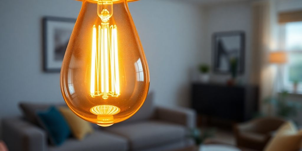 Photograph of a warm glowing dimmable filament bulb.