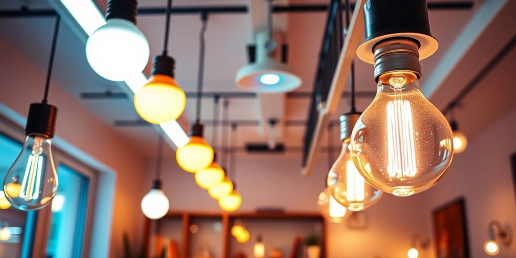 Bright LED light bulbs in a modern home interior.