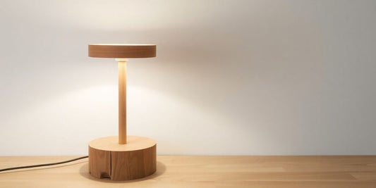Scandi table lamp on a wooden surface with soft light.