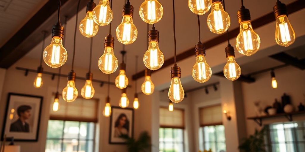 Warmly lit room with E27 dimmable Edison bulbs.