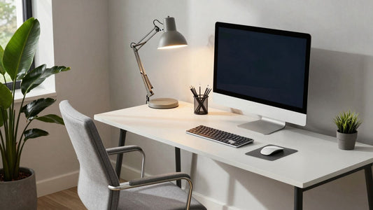 Bright home office with LED desk lamp and plants.