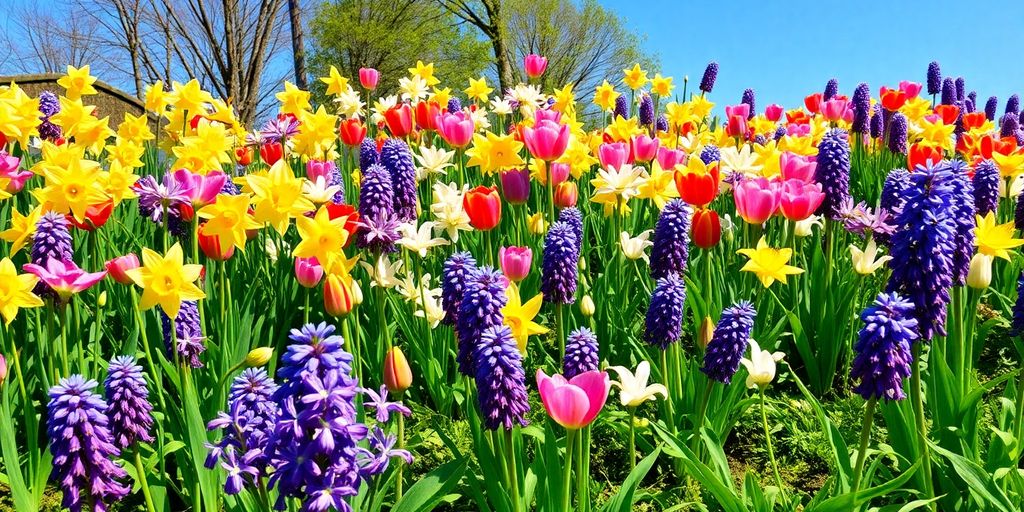 Colourful blooming bulbs in a lush garden setting.