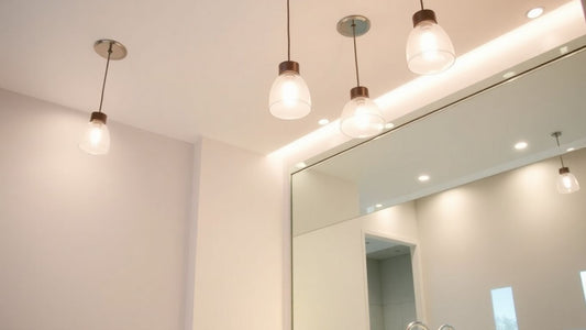 Modern bathroom with elegant pendant and ceiling lights.