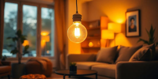 Warm halogen lightbulb in a cozy room setting.