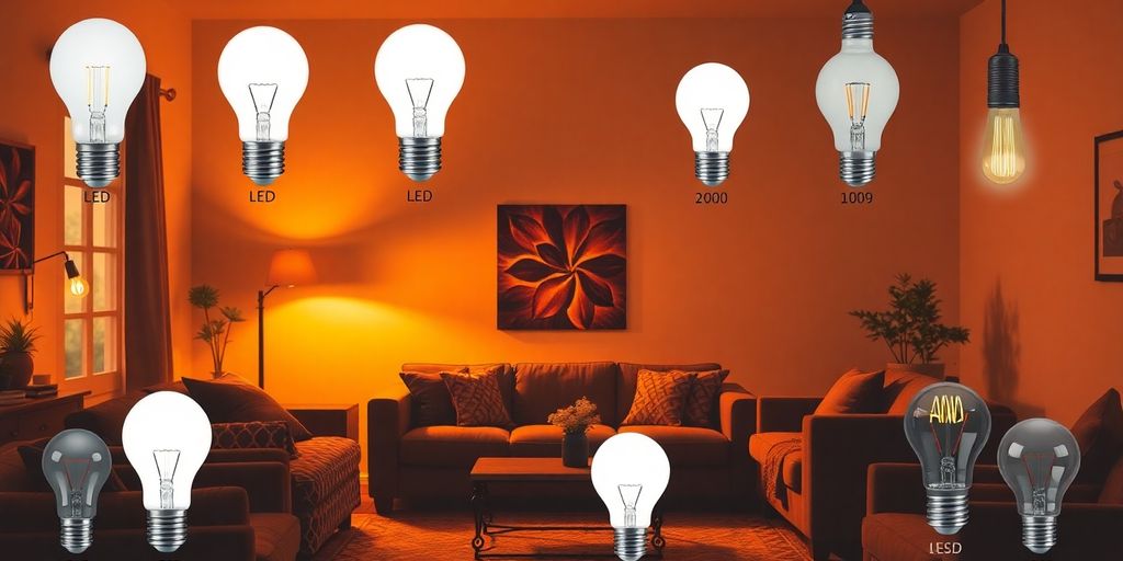 Cozy living room with various light bulb types.