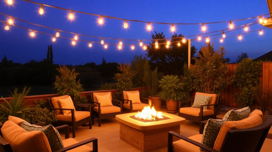 Patio lit by string lights and fire pit.