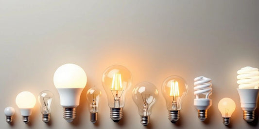 Different types of light bulbs on a neutral background.