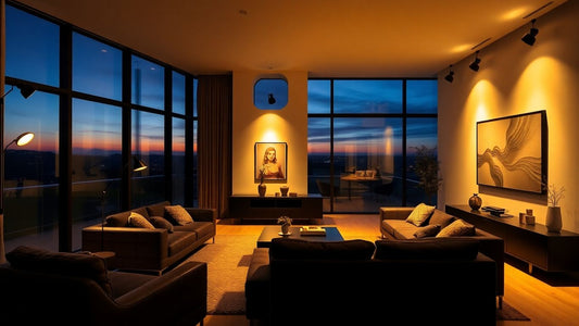 Smart spotlights lighting modern living room with warm tones.
