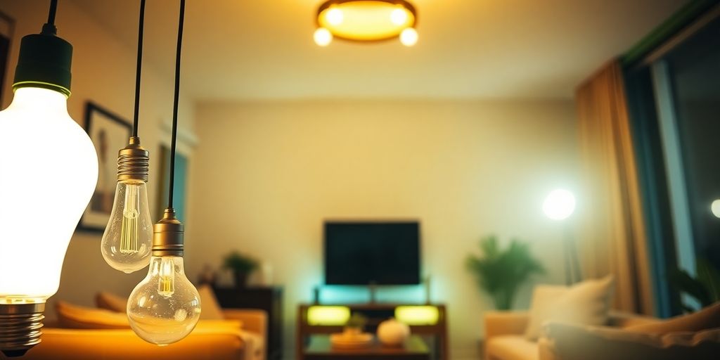 Living room with various LED light bulbs illuminating space.