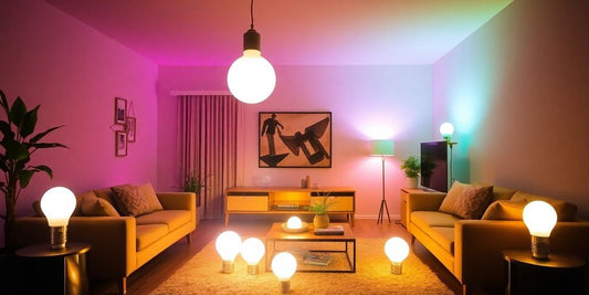 Living room with colourful LED uplighter bulbs illuminating space.