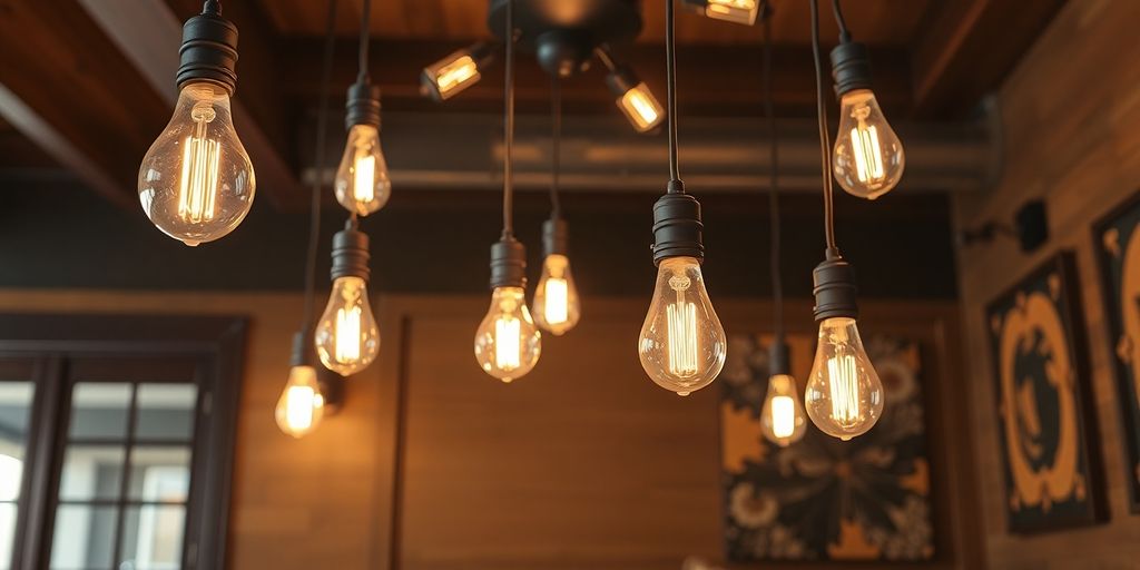 Decorative Edison bulbs illuminating a vintage-style room.