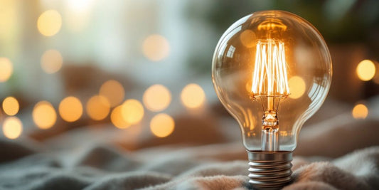 Close-up of a glowing E27 light bulb.