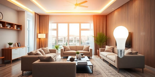 Modern living room with glowing halogen smart bulbs.