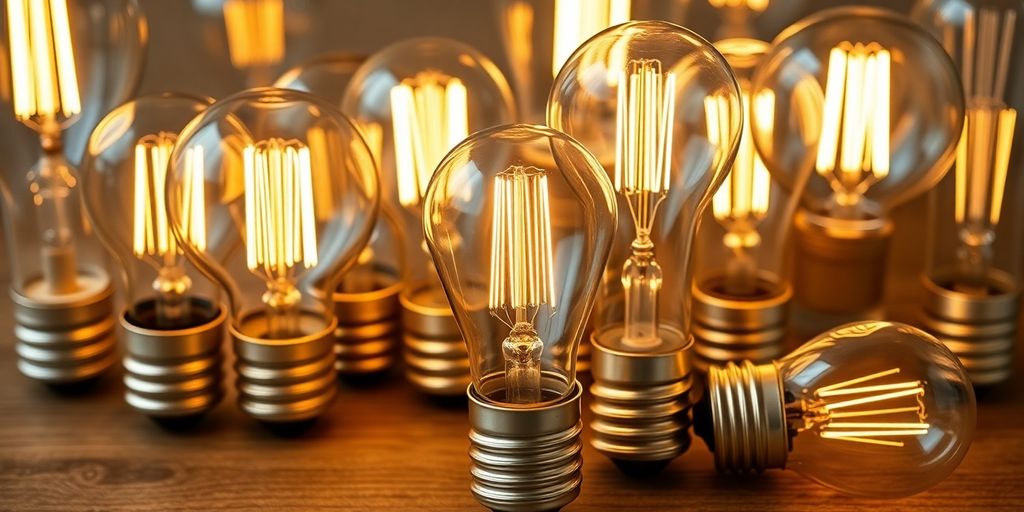 Collection of decorative filament bulbs on wooden surface.
