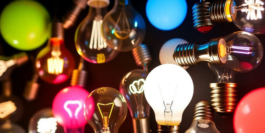 Variety of light bulbs in different shapes and colours.