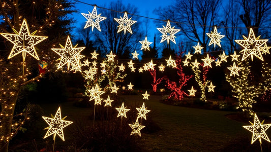 Garden illuminated by glowing Christmas star lights.