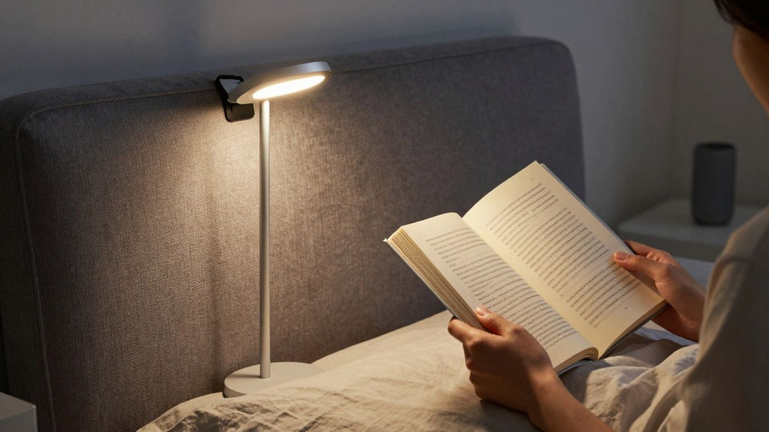 Clip-on reading light illuminating a book in bed.
