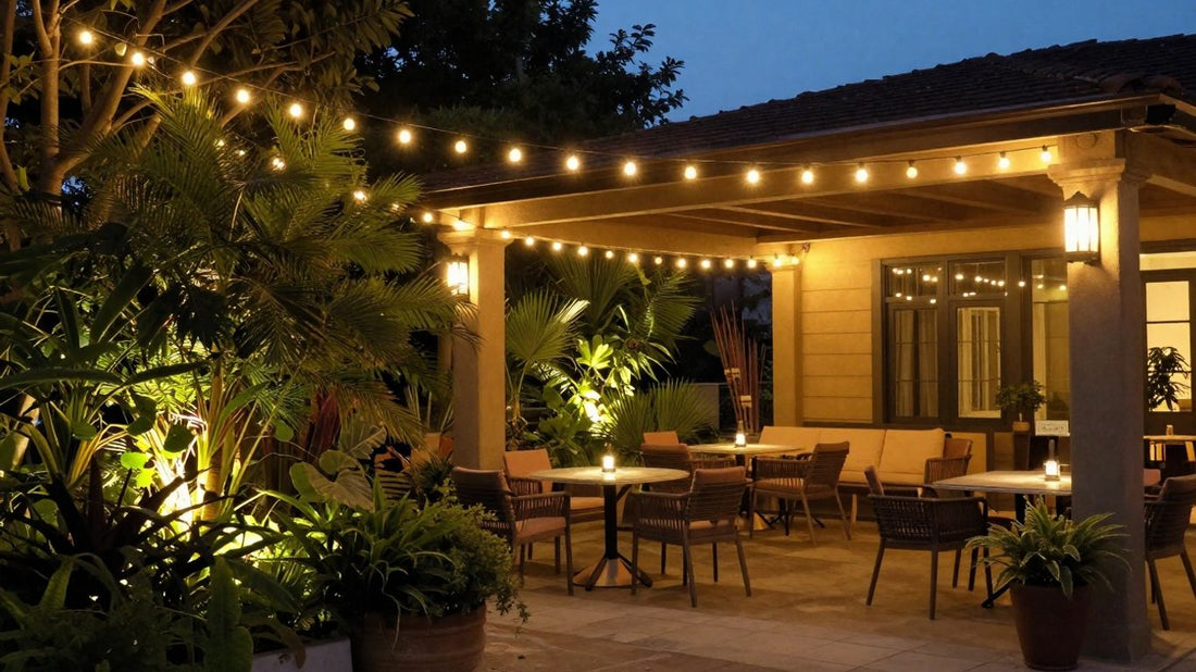 Patio lit by string lights at dusk.
