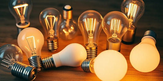 Variety of E27 LED bulbs on a wooden surface.