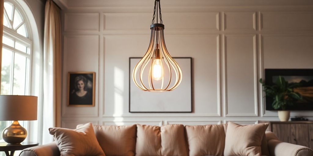 Elegant living room with designer pendant lights.