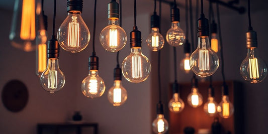 Stylish light bulbs illuminating a cosy room interior.