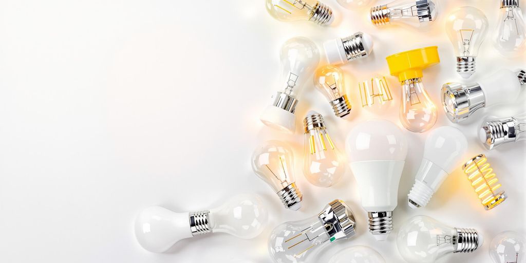 Colourful halogen and LED light bulbs on a white surface.