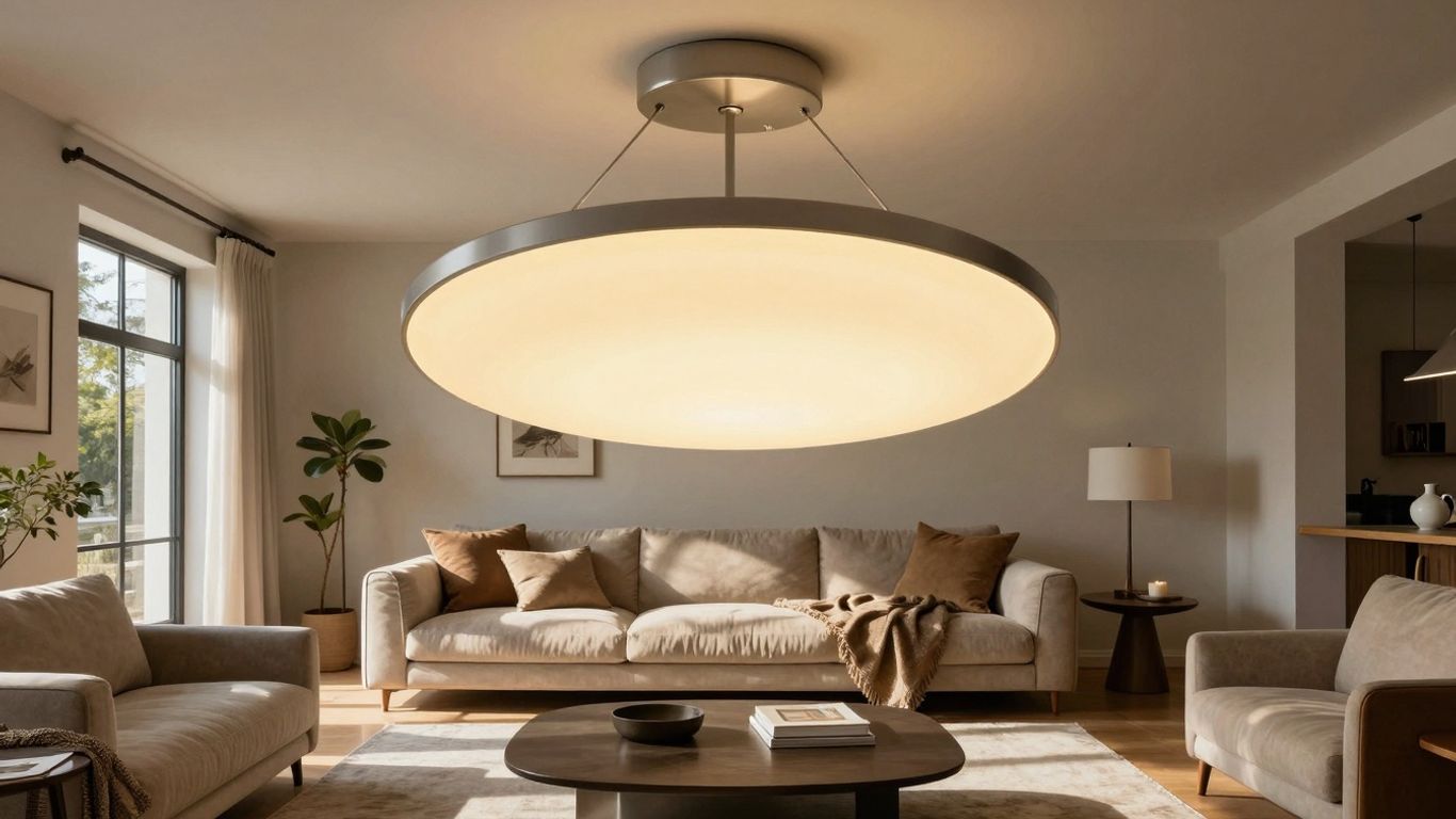 A bright, modern living room with warm lighting.