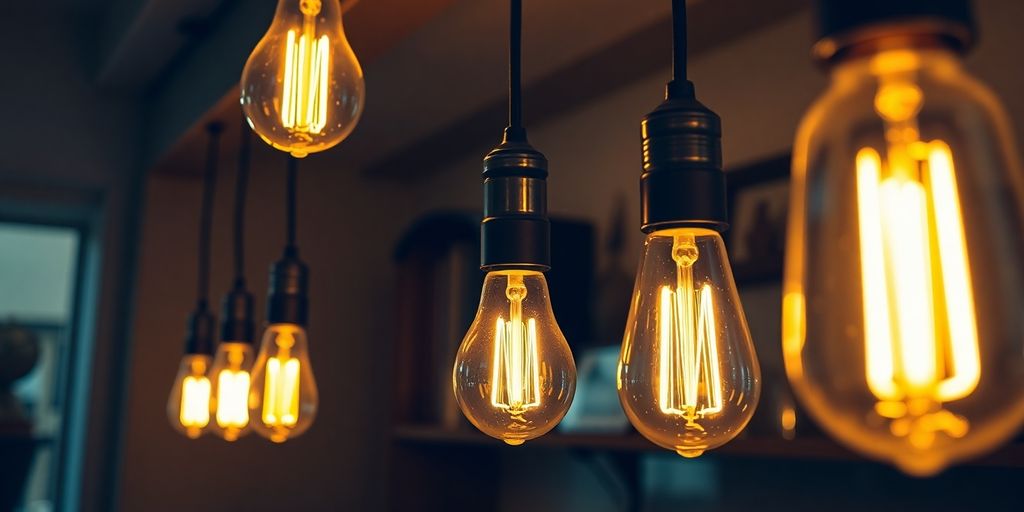 Vintage light bulbs glowing warmly in a UK home.