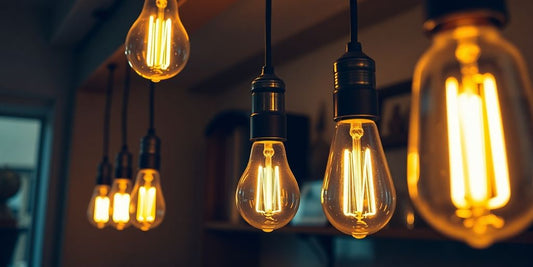 Vintage light bulbs glowing warmly in a UK home.