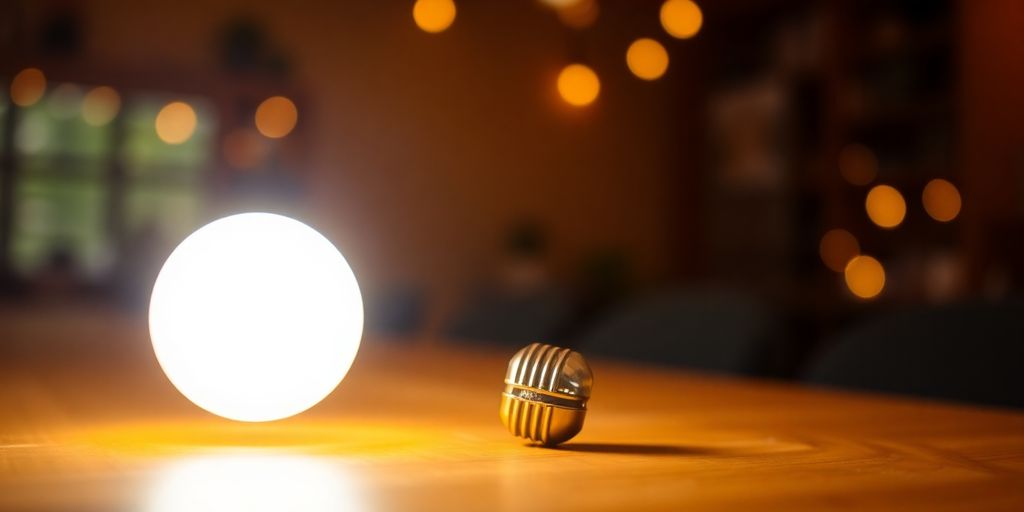 Close-up of an E27 LED light bulb on a table.