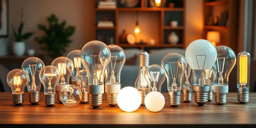 Various T light bulbs in a warm home setting.