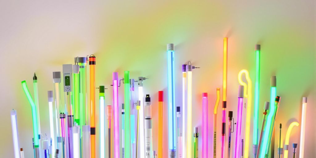 Various fluorescent tubes in different colours and styles.