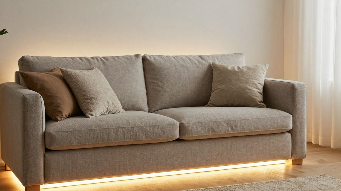 Warm white LED strip lights illuminating a living room.