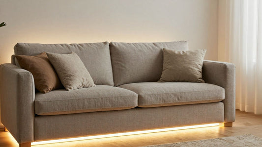 Warm white LED strip lights illuminating a living room.