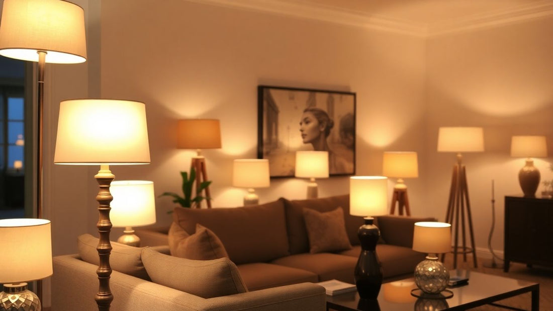 Stylish lamps illuminating a cozy living room interior.