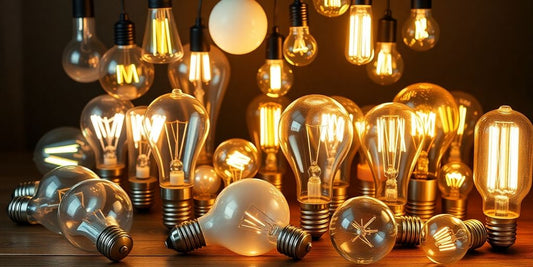 Various light bulbs on a wooden surface.