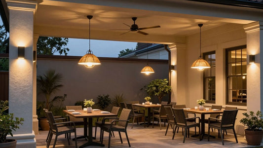 Stylish outdoor ceiling lights illuminating a patio at dusk.