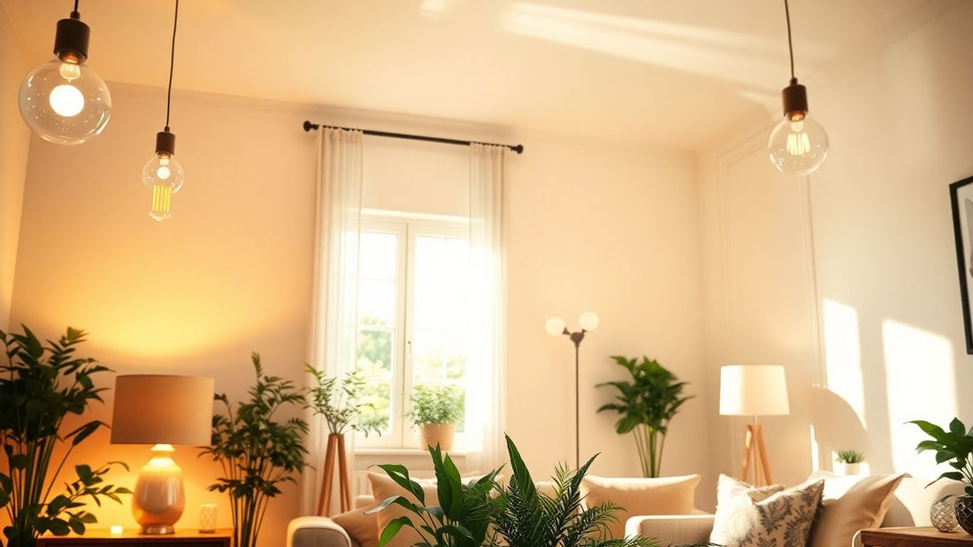 LED light bulbs illuminating a modern living room.